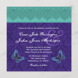 Teal Royal Lila Butterfly Monogram Bröllop V15C Inbjudningar