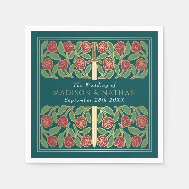 Teal Royal Medieval Gold Floral Sword Wedding Pappersservett (Framsidan)