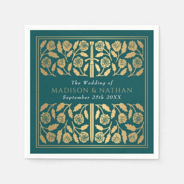 Teal Royal Medieval Gold Sword Wedding Pappersservett (Framsidan)