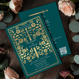 Teal Royal Medieval Gold Sword Wedding QR Code Inbjudningar