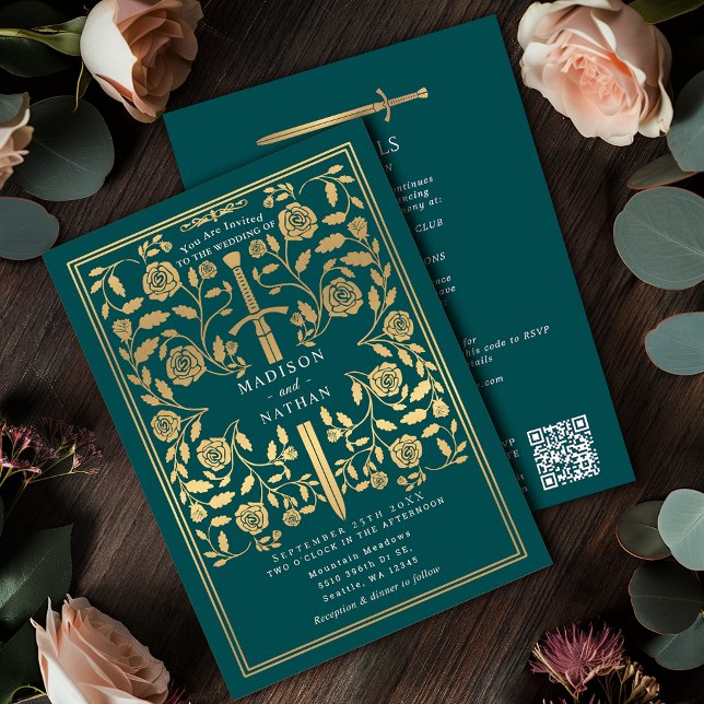 Teal Royal Medieval Gold Sword Wedding QR Code Inbjudningar (Skapare uppladdad)