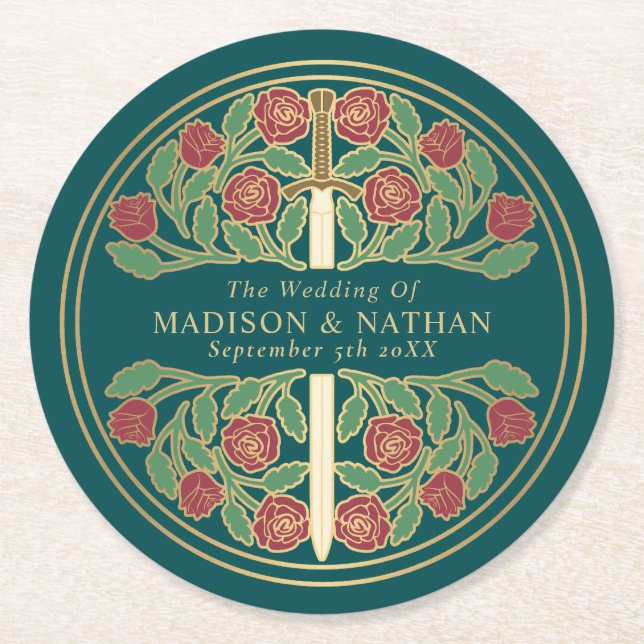 Teal Royal Medieval Gold Sword Wedding Underlägg Papper Rund (Framsidan)