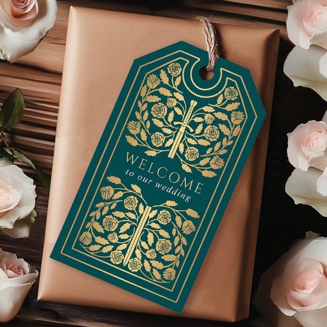 Teal Royal Medieval Gold Sword Wedding Welcome Presentetikett (Skapare uppladdad)
