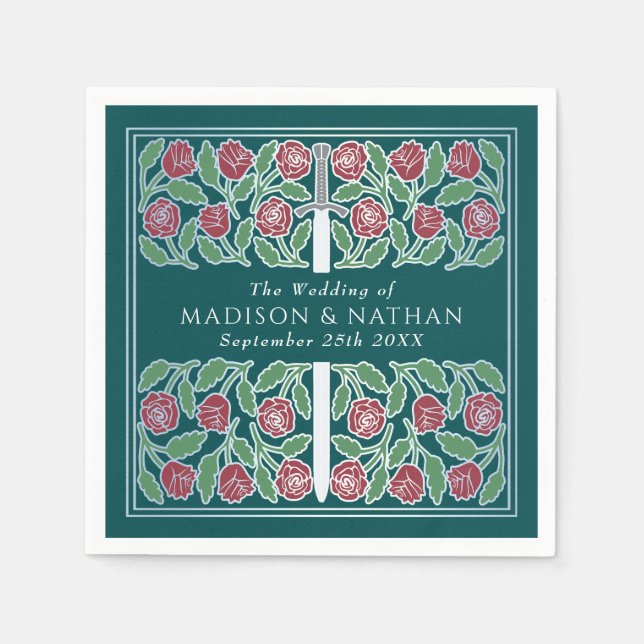 Teal Royal Medieval Silver Floral Sword Wedding Pappersservett (Framsidan)