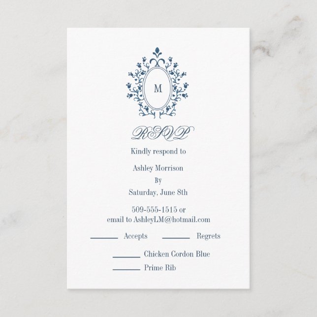 teal RSVP card Monogram With 2 Entree Choice Tilläggskort (Framsida)