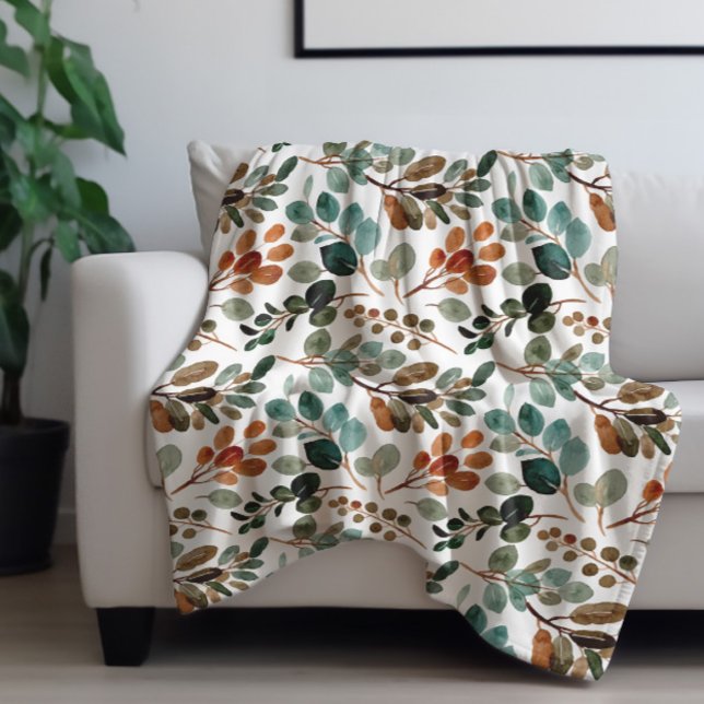 Teal Rust Sage Grönt Brown Löv Hösten Fleecefilt (Teal, rust, and sage green leaves fleece blanket)