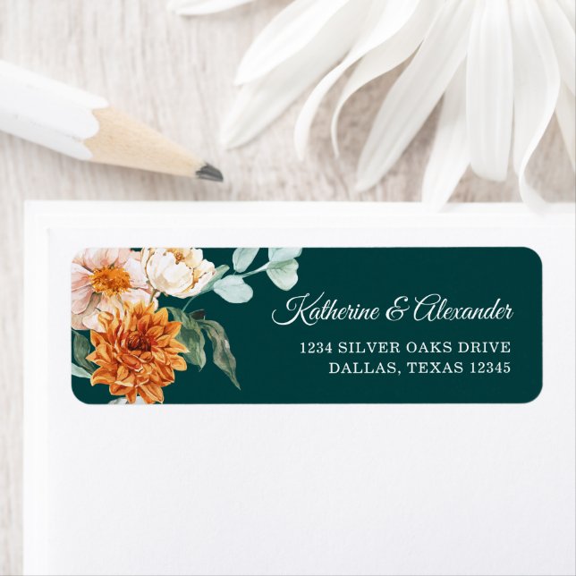 Teal Rustic Blommigt Fall Wedding Returadress Etikett (Insitu)