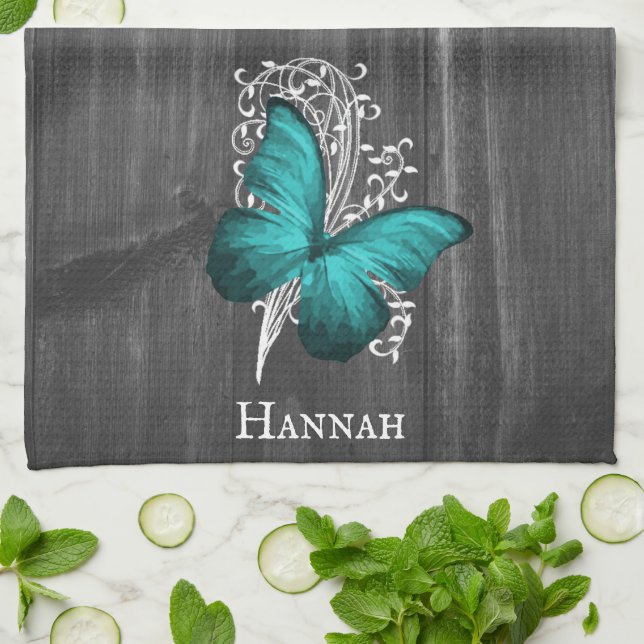 Teal Rustic Butterfly Kitchen Towel Kökshandduk (Vikta)