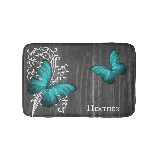 Teal Rustic Butterfly Personlig Bath Mat Badrumsmatta (Framsidan)