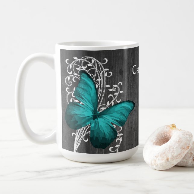Teal Rustic Butterfly Personlig Coffee Mugg (Med munk)