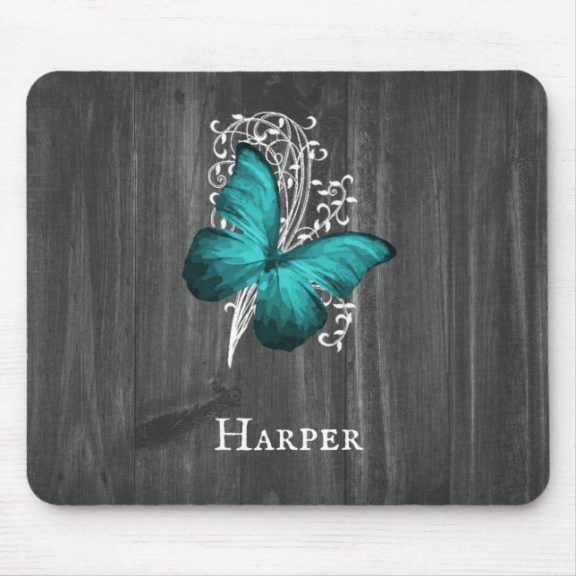 Teal Rustic Butterfly Personlig Mouse Pad Musmatta (Framsidan)