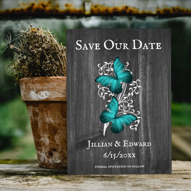 Teal Rustic Butterfly Spara datum meddelande (Teal Rustic Butterfly Save the Date)