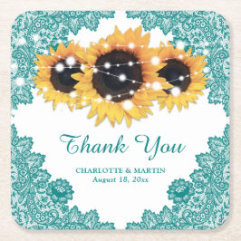 Teal Rustic Chic Snöre Solros Bröllop Underlägg Papper Kvadrat