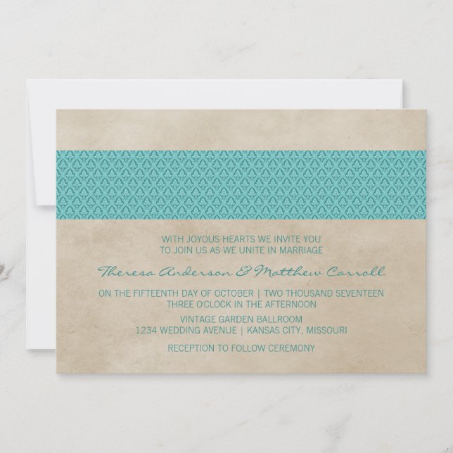 Teal Rustic Damask Wedding Inbjudan (Framsida)
