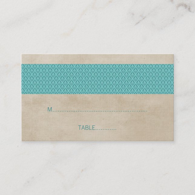 Teal Rustic Damask Wedplace Card Placeringskort (Framsida)