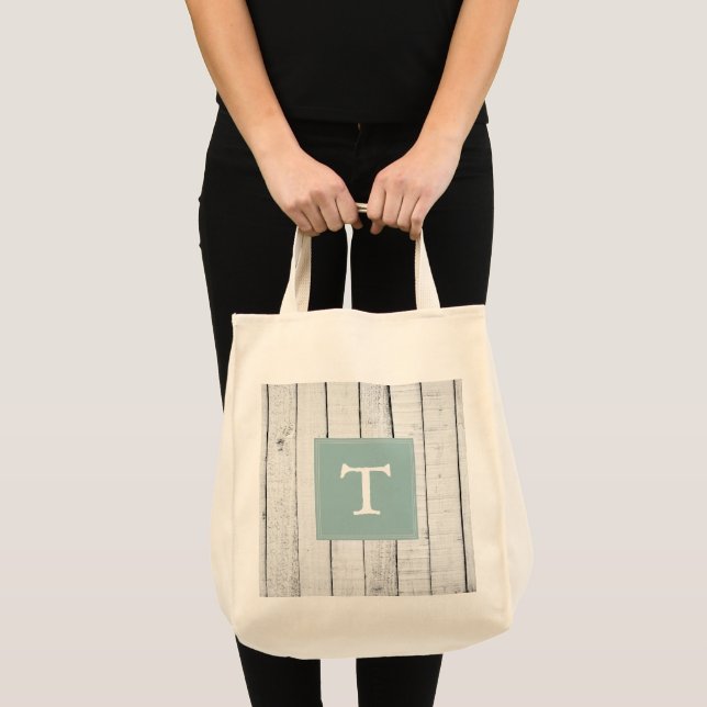 Teal Rustic Monogram Tote Bag Tygkasse (Framsida (produkt))