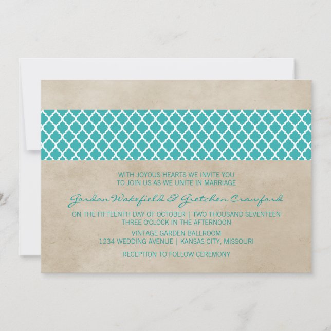 Teal Rustic Quatrefoil bröllopsinbjudan Inbjudningar (Framsida)