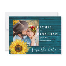 Teal Rustic Solrosfoto Bröllop spara datum