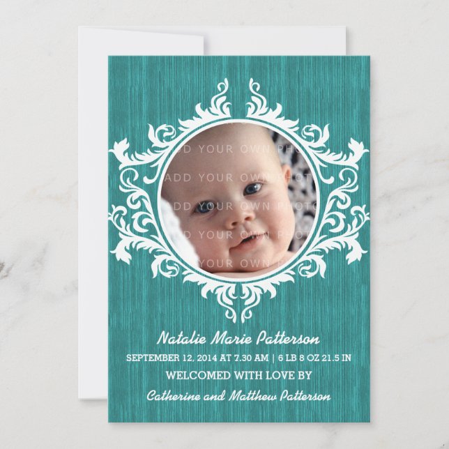 Teal Rustic Swirls Baby Announcement Meddelande (Framsida)