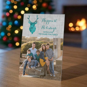 Teal Rustic Watercolor Hjort Helgdag Photo Flat Julkort