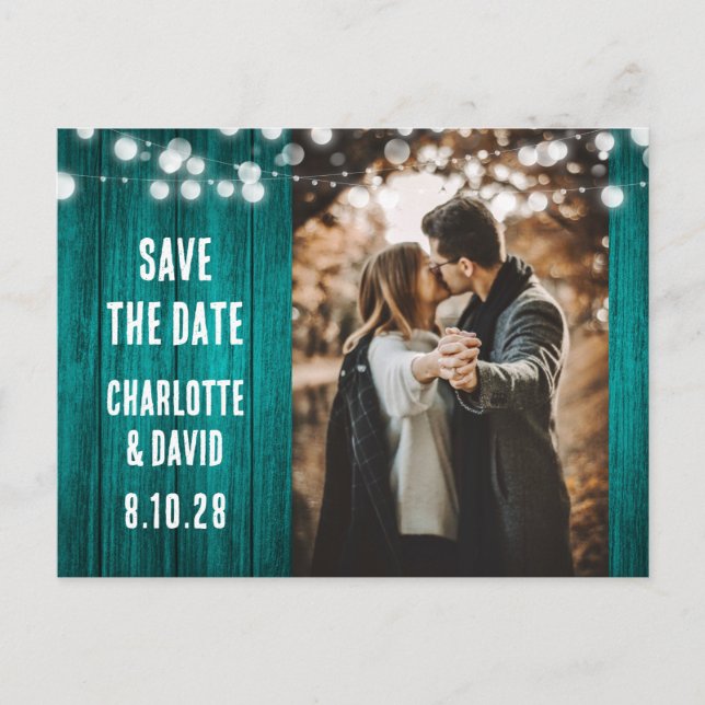 Teal Rustic Wood Bröllop Photo Save Date Meddelande Vykort (Framsida)