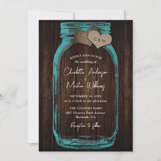 Teal Rustic Wood Burlap Hearts Mason Jar Wedding Inbjudningar (Framsida)