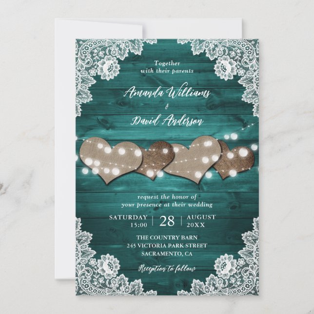 Teal Rustic Wood Burlap Hearts Snöre Bröllop Inbjudningar (Framsida)