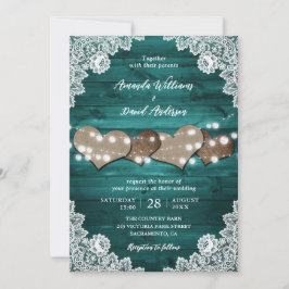 Teal Rustic Wood Burlap Hearts Snöre Bröllop Inbjudningar