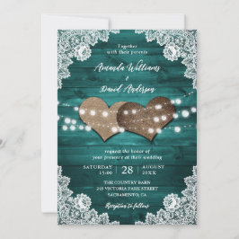 Teal Rustic Wood Burlap Snöre String Ljus Bröllop Inbjudningar