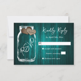 Teal Rustic Wood Mason Jar Burlap Hearts Wedding OSA Kort