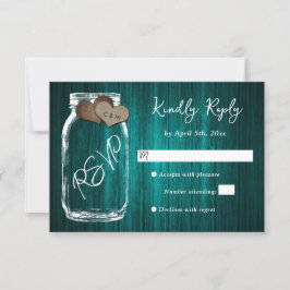 Teal Rustic Wood Mason Jar Burlap Hearts Wedding OSA Kort