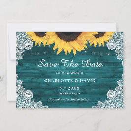 Teal Rustic Wood Snöre Solros Bröllop Spara Datumet