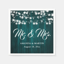 Teal Rustic Wood String Lights Mr and Mrs Wedding Pappersservett