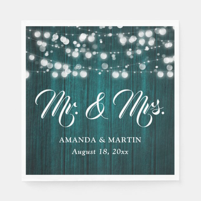 Teal Rustic Wood String Lights Mr and Mrs Wedding Pappersservett (Framsidan)