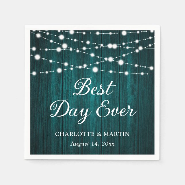 Teal Rustic Wood String Ljus Bröllop Pappersservett (Framsidan)