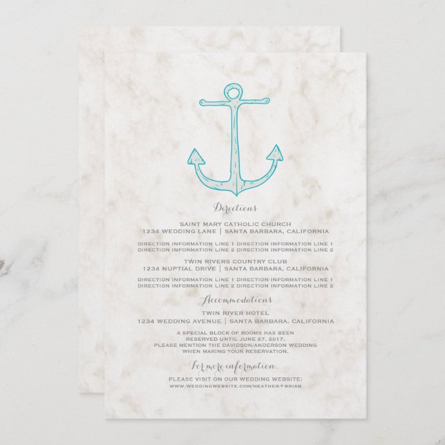 Teal Rustik Ankar Bröllopsinformation Inbjudningar (Fram/baksida)