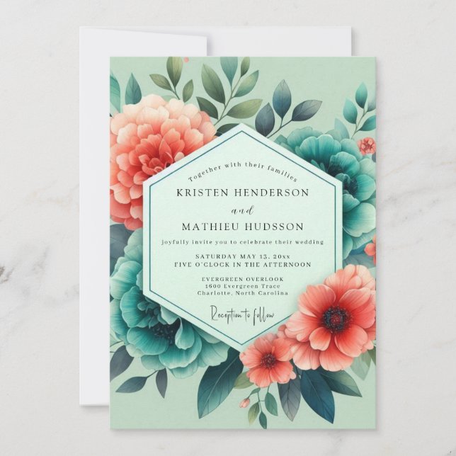 Teal Salmon Aquarelle Wedding Inbjudningar (Framsida)