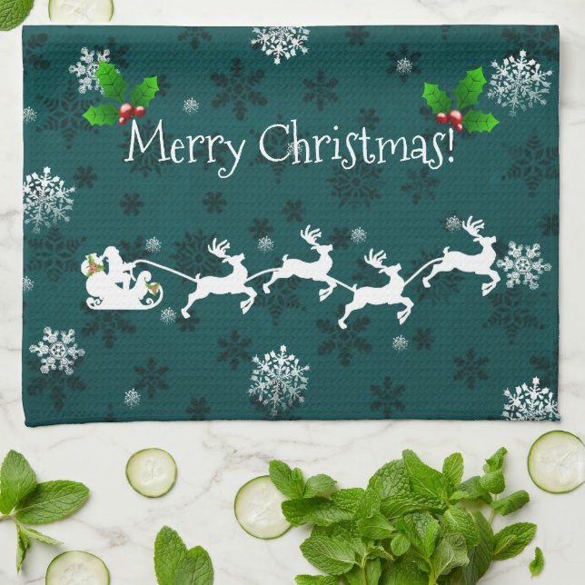 Teal Santa's Sleigh and Reindeer Kitchen Towel Kökshandduk (Vikta)