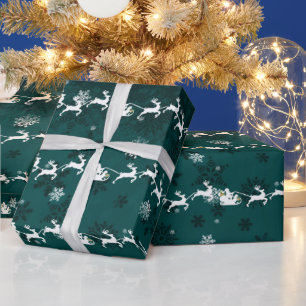 Teal Santa's Sleigh and Reindeer Wrapping Papper Presentpapper