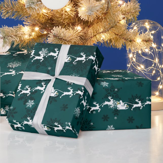 Teal Santa's Sleigh and Reindeer Wrapping Papper Presentpapper (Helgdagar)