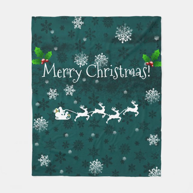 Teal Santa's Sleigh och Reindeer Fleece Blanket (Framsidan)