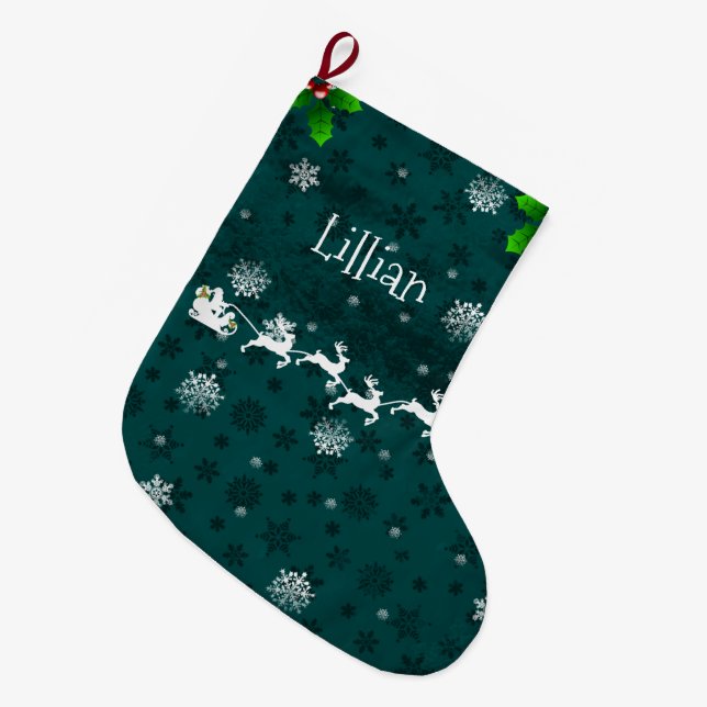 Teal Santa's Sleigh & Reindeer Stocking Stor Julstrumpa (Framsidan (Hängande))