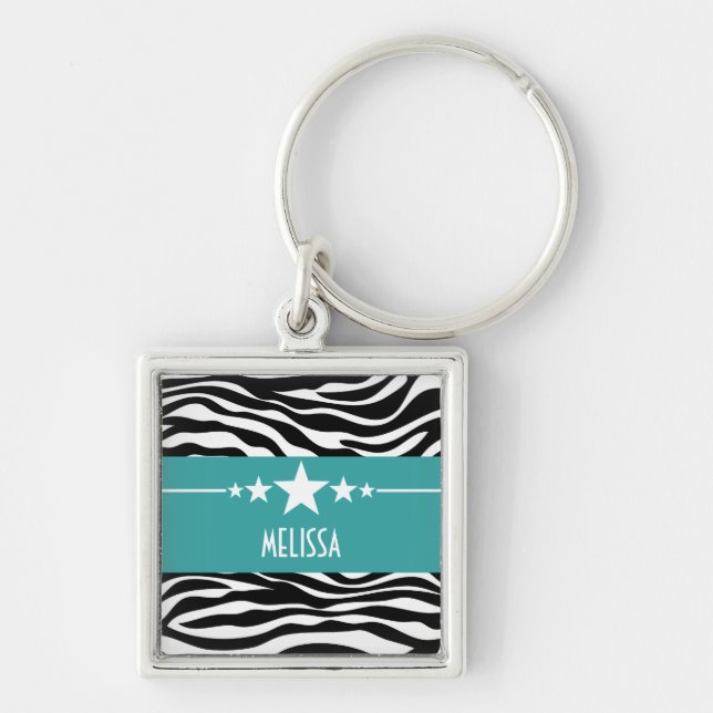 Teal Sassy Star Zebra Premium Keychain Fyrkantig Silverfärgad Nyckelring (Framsidan)