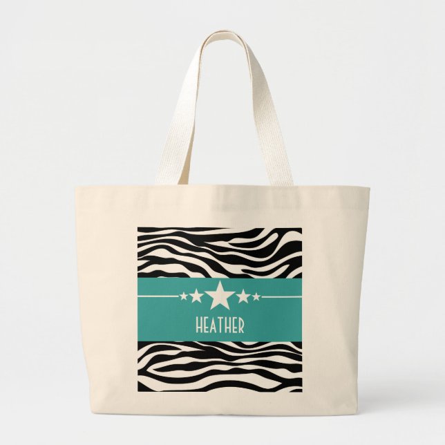 Teal Sassy Star Zebra Tote Bag Jumbo Tygkasse (Framsidan)