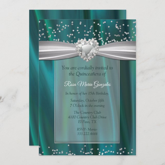 Teal Satin och Diamonds Quinceañera Inbjudningar (Fram/baksida)