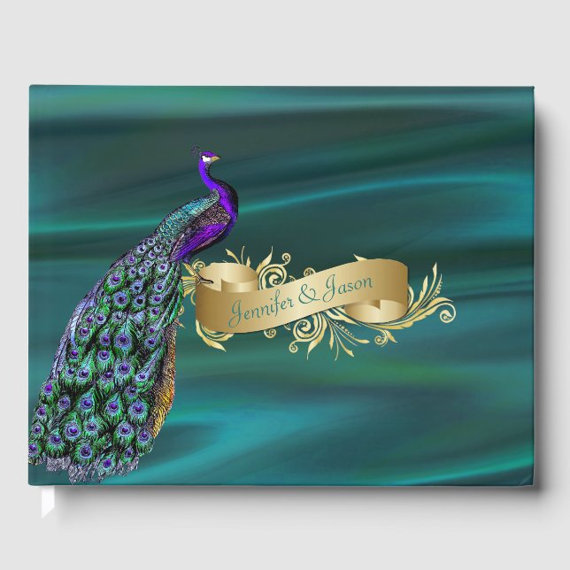 Teal Satin och Peacock Bröllop Guest Bok (Framsida)