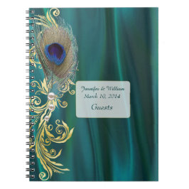 Teal Satin och Peacock Feather Bröllop bärbar dato Anteckningsbok Med Spiral