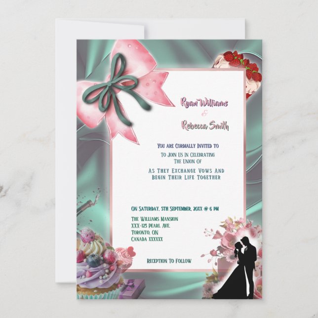 Teal Satin & Pink Bow Wedding Invitation Inbjudningar (Framsida)