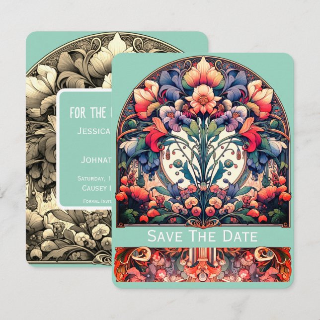 Teal Save The Date-kort i Mucha-stil Spara Datumet (Fram/baksida)