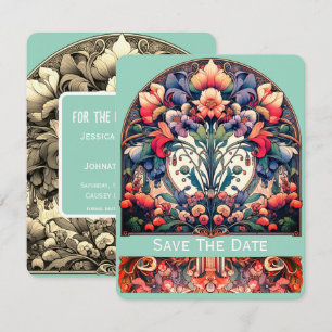 Teal Save The Date-kort i Mucha-stil Spara Datumet